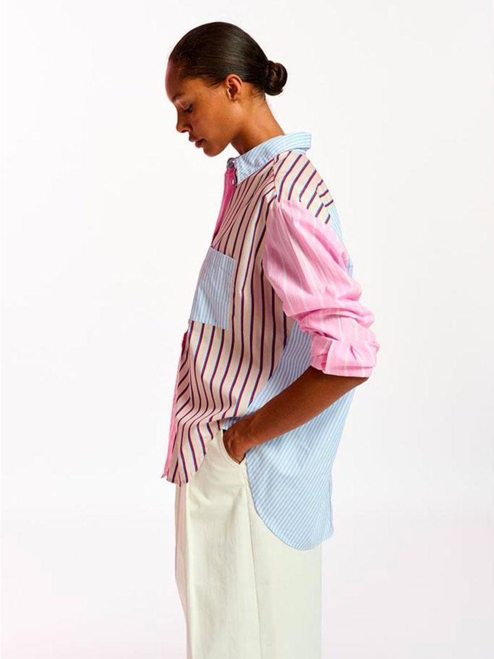 Essentiel Antwerp Striped Patchwork Button-Up Shirt size L - Picture 4 of 11